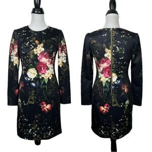Maia | Black Colorful Peony Floral Long Sleeve Knee Length Scuba Sheath Dress